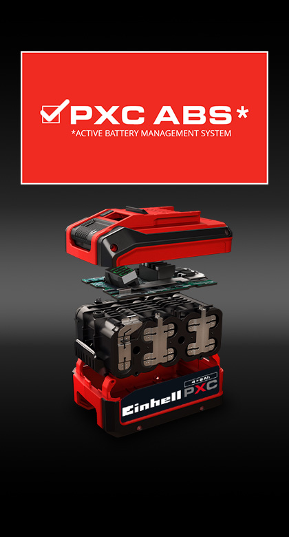 Explosionsgrafik eines Einhell Power X-Change Akkus mit sichtbarer Elektronik und Zellen, darüber steht „PXC ABS – Active Battery Management System“.