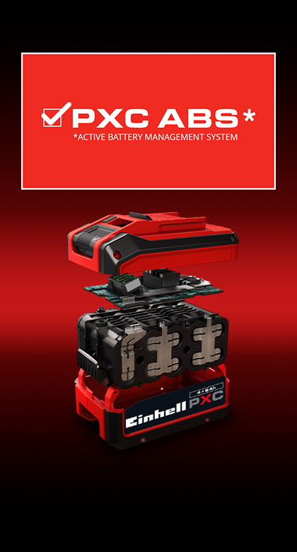 Explosionsgrafik eines Einhell Power X-Change Akkus mit sichtbarer Elektronik und Zellen, darüber steht „PXC ABS – Active Battery Management System“.