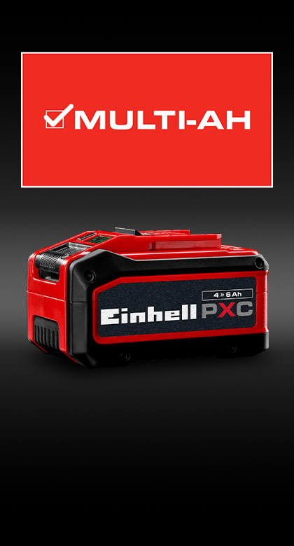 Einhell Power X-Change Akku mit 4–6 Ah Kapazität vor rotem Hintergrund, darüber das Logo „MULTI-AH“.