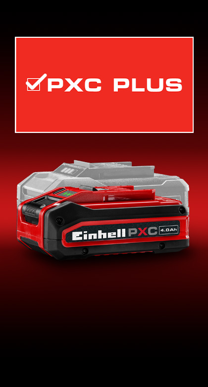 Einhell Power X-Change Akku mit 4,0 Ah Kapazität vor rotem Hintergrund, im Hintergrund ein ausgegrauter Akku. Darüber steht „PXC PLUS“.
