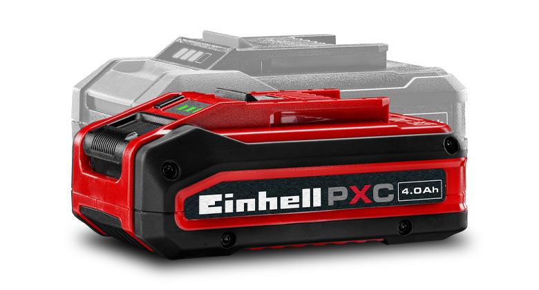 Einhell Power X-Change Akku mit 4,0 Ah Kapazität, im Vordergrund farbig dargestellt, im Hintergrund ein ausgegrauter Akku.
