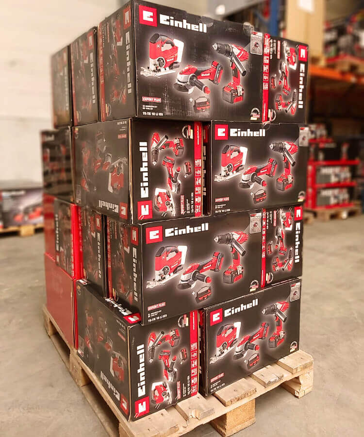 Kategoriekachel mit einer Europalette voller Einhell-Produkte.